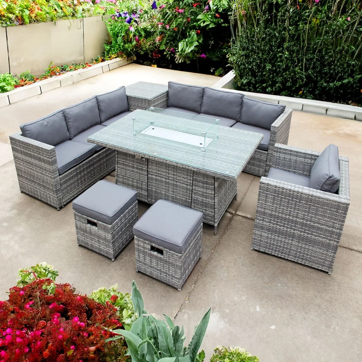 Oseasons Malta Rattan 9 Seat Firepit U-Shape Sofa Set in Mixed Grey with Grey Cushions - Mixed Grey – image 1