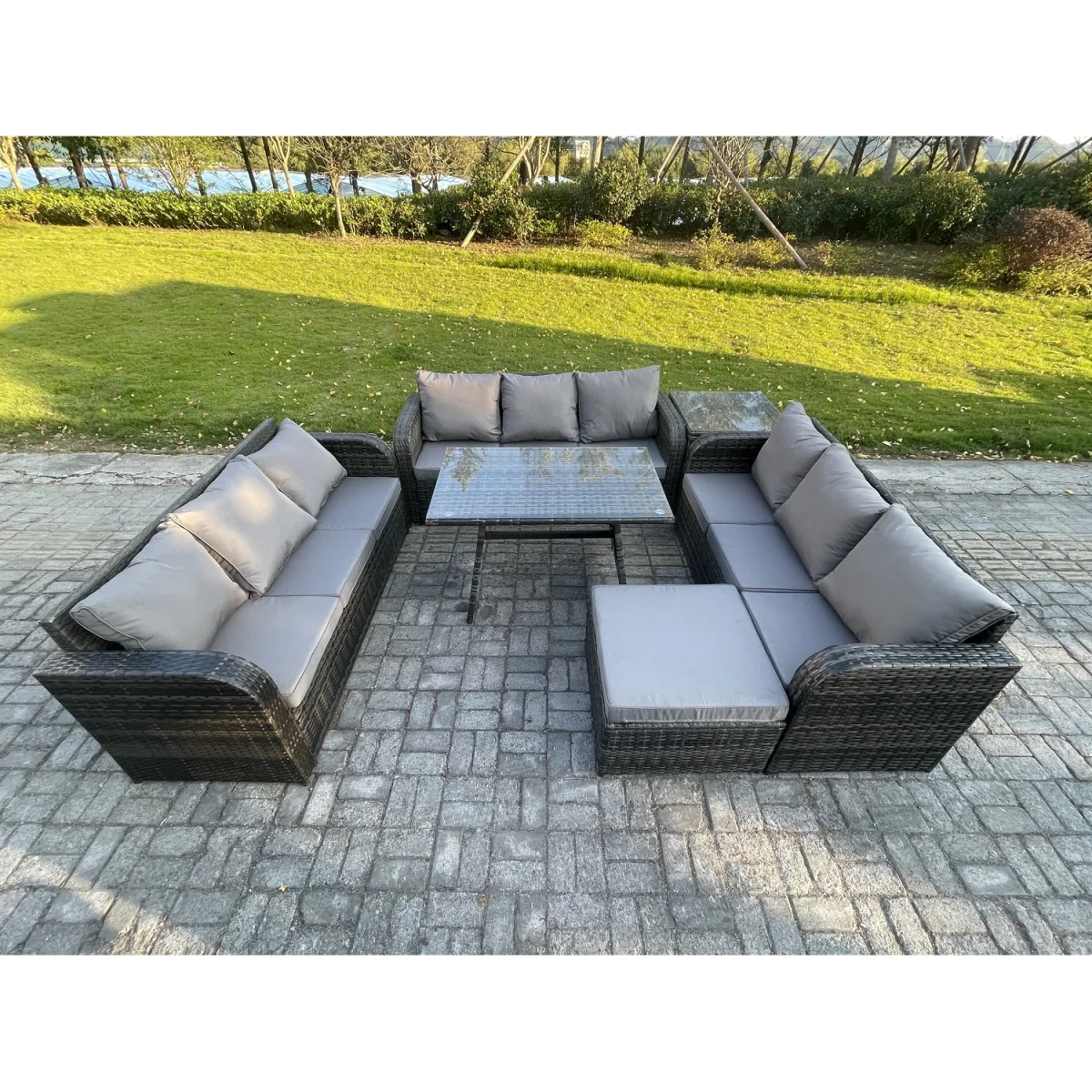 Fimous 10-Seater Rattan Garden Sofa Set with Dining Table and Footstool - Dark grey mixed rattan with dark grey fabric – image 3