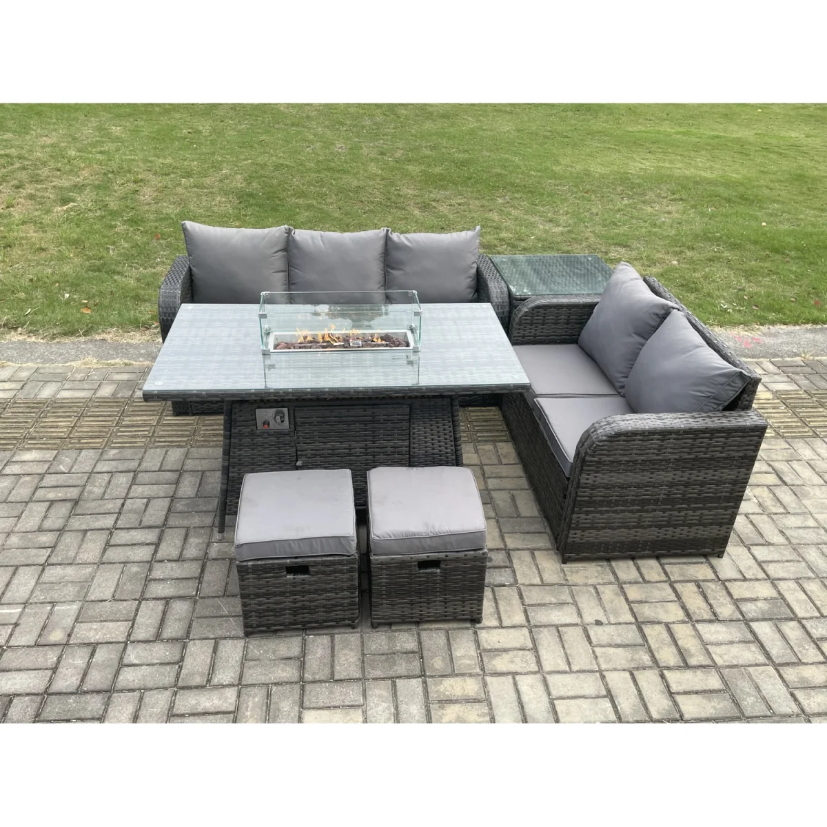 Fimous PE Rattan Outdoor Sofa Set with Gas Fire Pit - Dark Grey – image 2