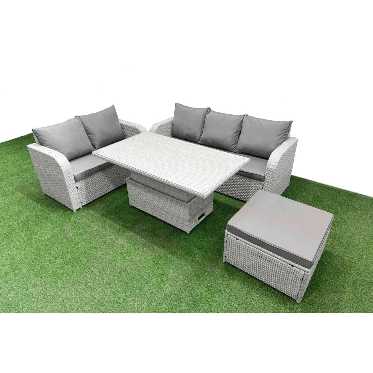 Fimous 6-Seater PE Rattan Wicker Garden Sofa Set with Adjustable Lift Table. - Light grey PE rattan with dark grey fabric – image 5