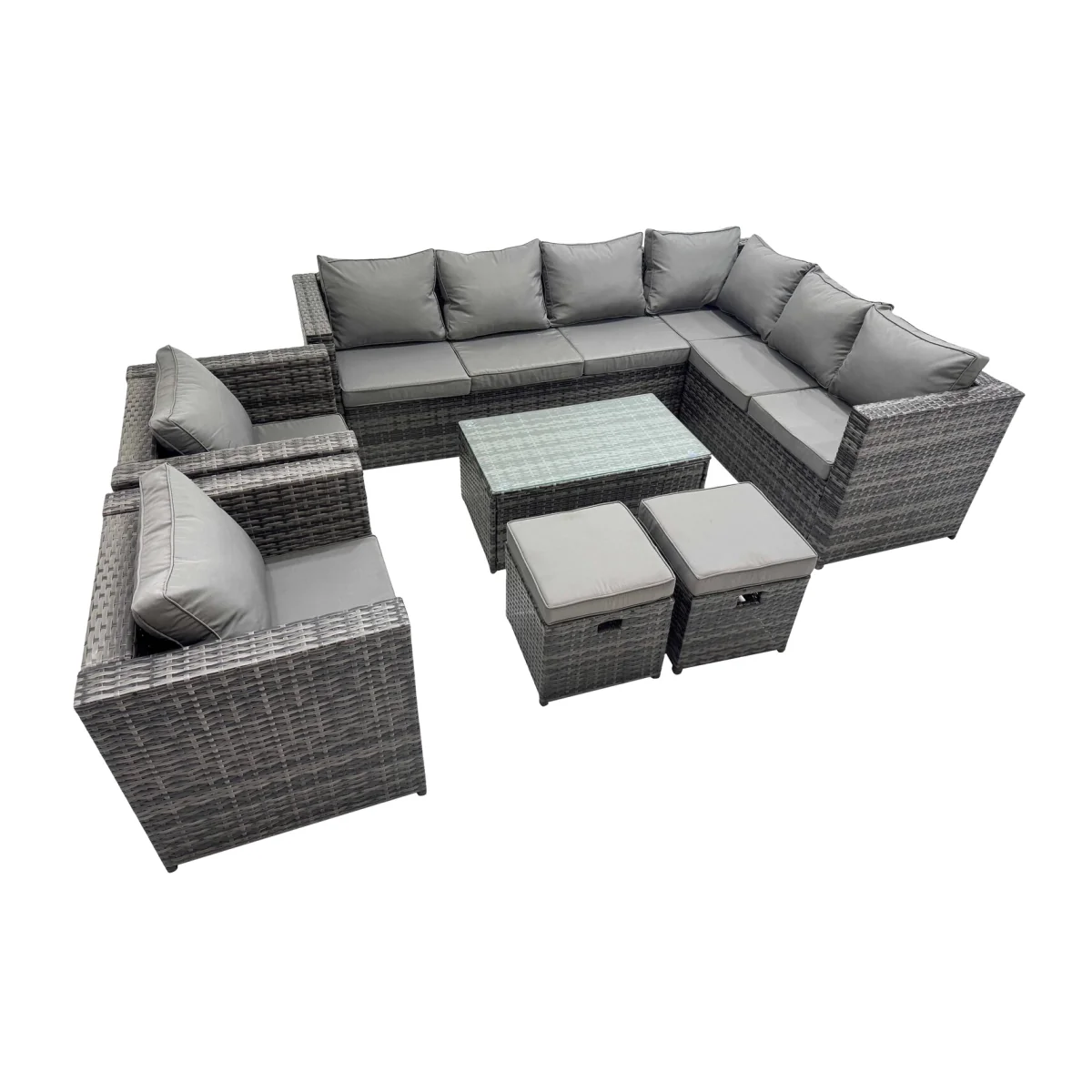 Fimous 10-Seat L-Shape Rattan Garden Sofa Set with Coffee Table and Stools Dark Grey Mixed - Dark Grey Mixed – image 1