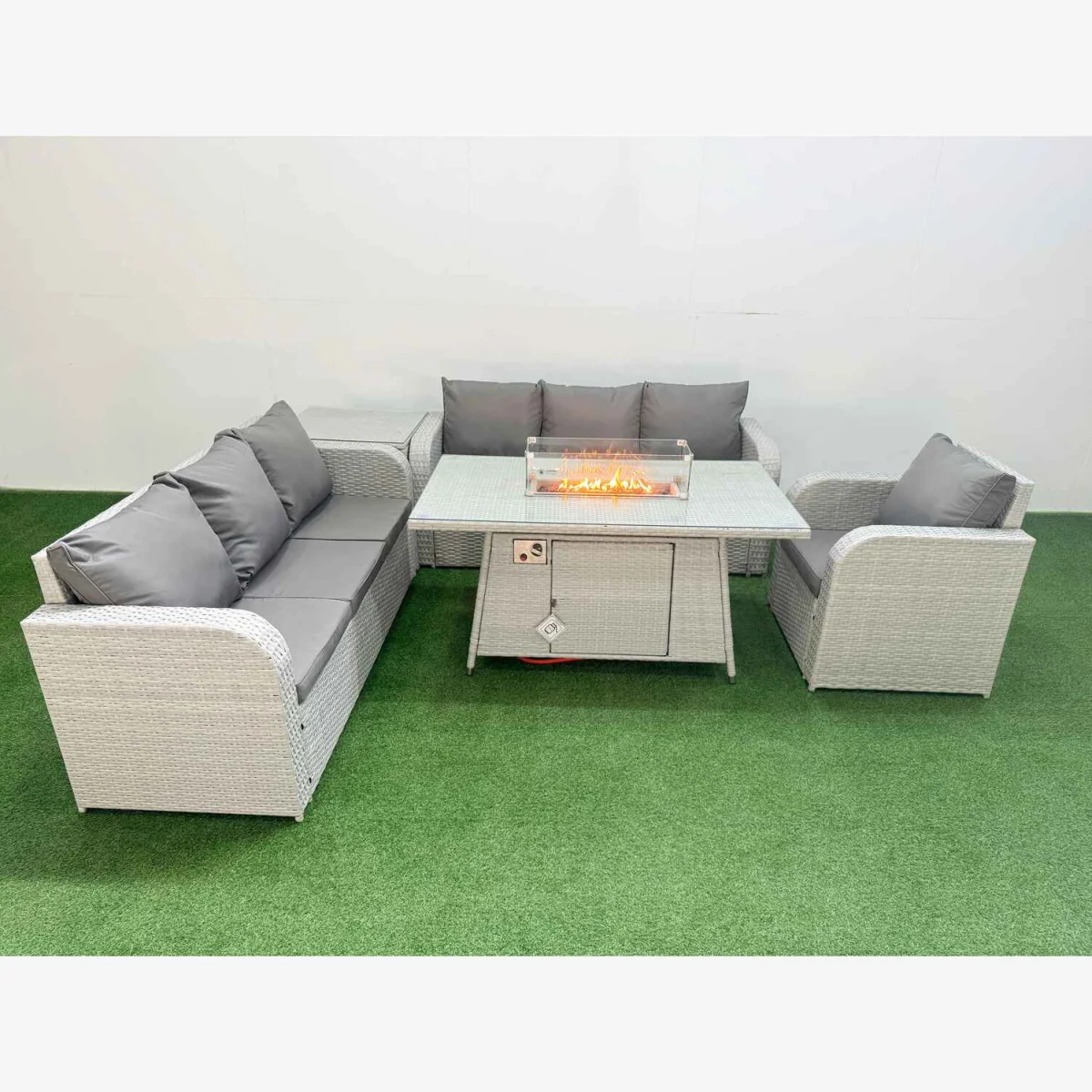 Fimous 7-Seater Light Grey Poly Rattan Outdoor Firepit Dining Sofa Set - Light Grey – image 1