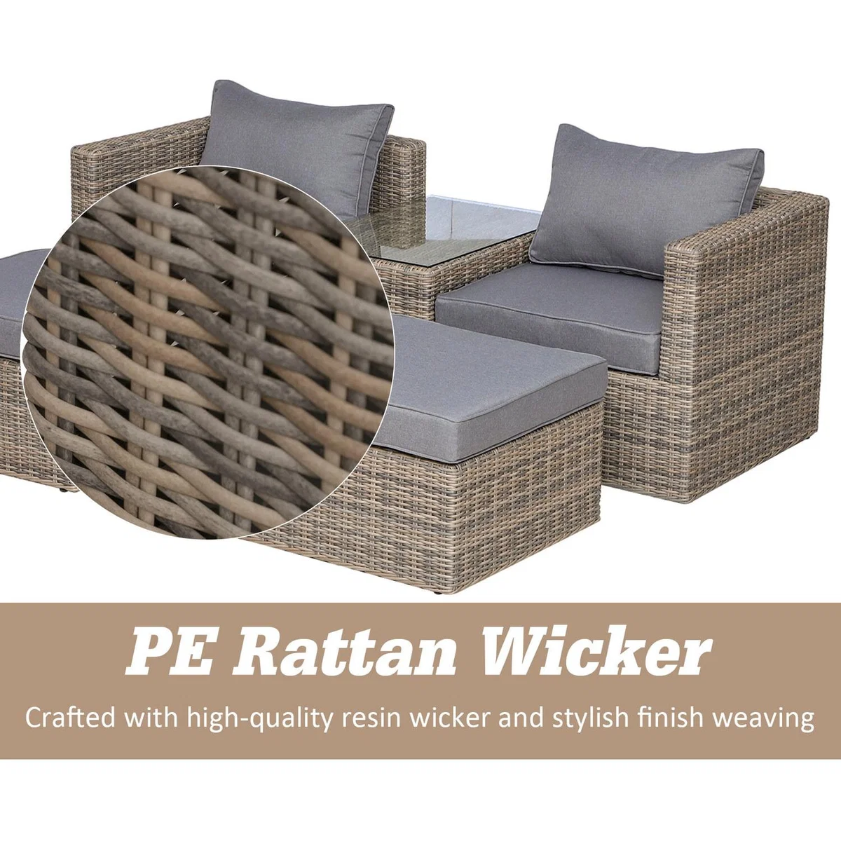 Rattan Garden Furniture Set with Glass Top Table - Mix Brown Rattan – image 5