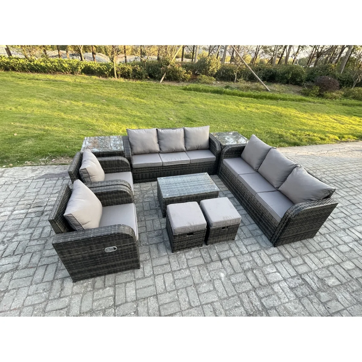 Fimous 10-Seater Rattan Outdoor Sofa Set with Recliners and Tables Dark Grey Mixed - Dark grey mixed rattan with dark grey fabric – image 2