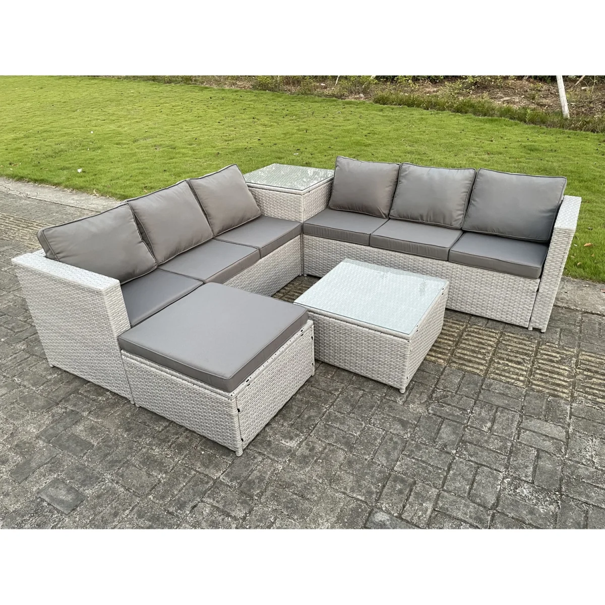 Fimous 7-Seater PE Wicker Light Grey Rattan Garden Corner Sofa Set with Coffee Table and Footstool. - Dark grey mixed PE Rattan – image 3