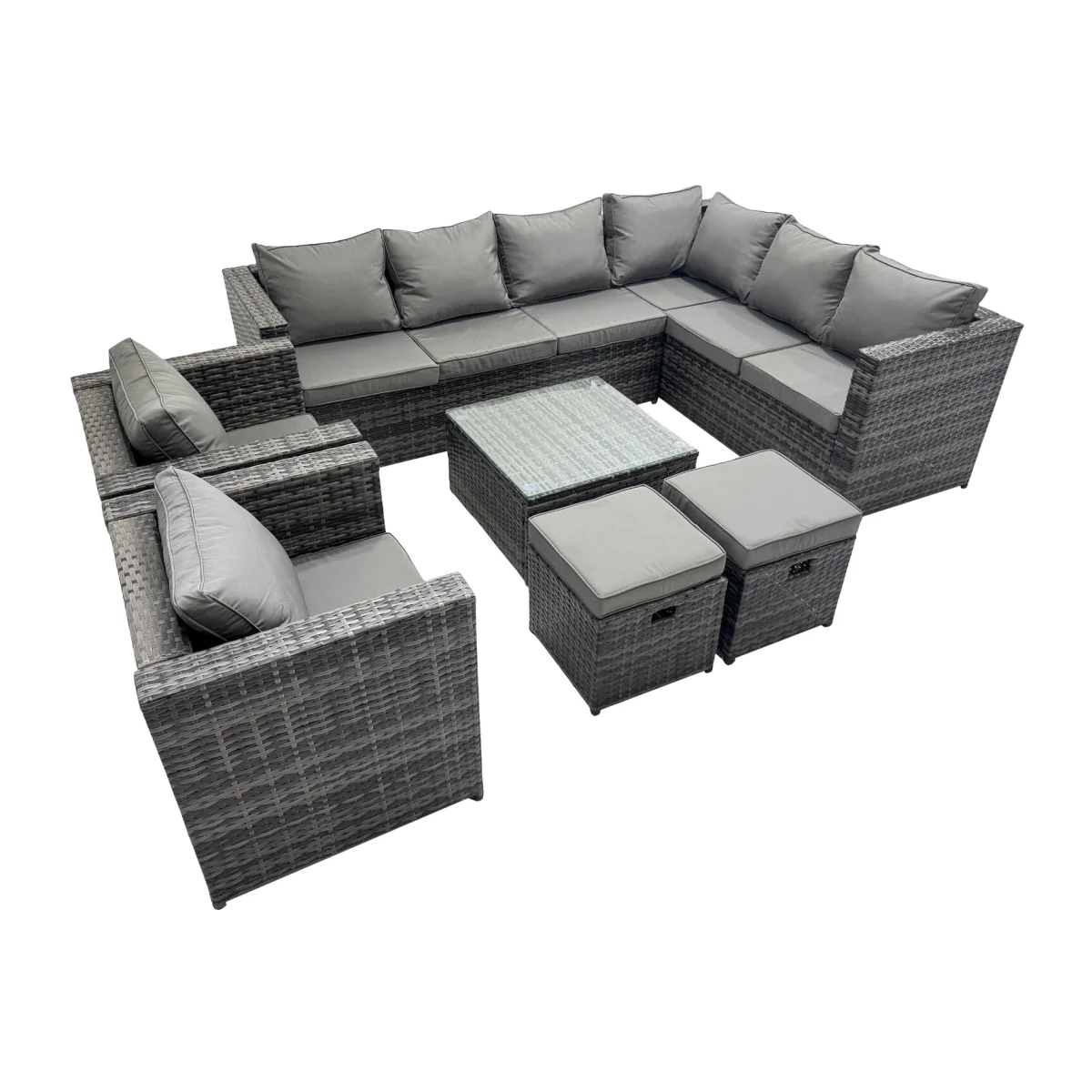 Fimous PE Rattan L-Shape Garden Sofa Set with Square Table, 2 Stools and 2 Chairs, Dark Grey. - Dark Grey – image 1