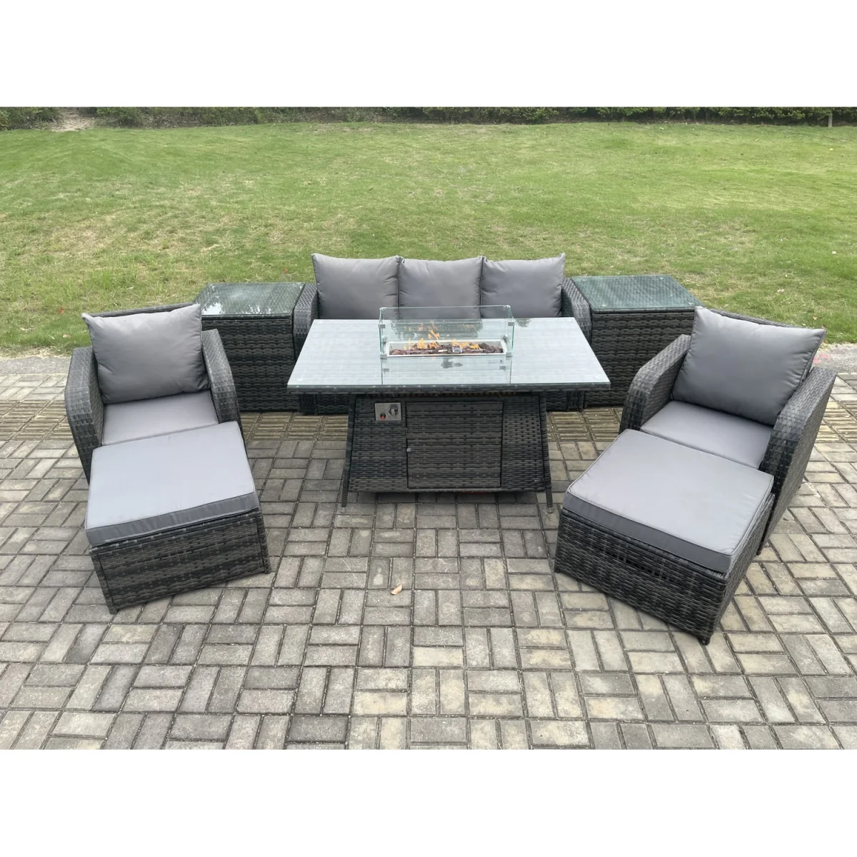 Fimous Wicker Rattan Garden Furniture 7-Piece Sofa Set with Gas Fire Pit Table and Reclining Chairs. - Dark Grey – image 2