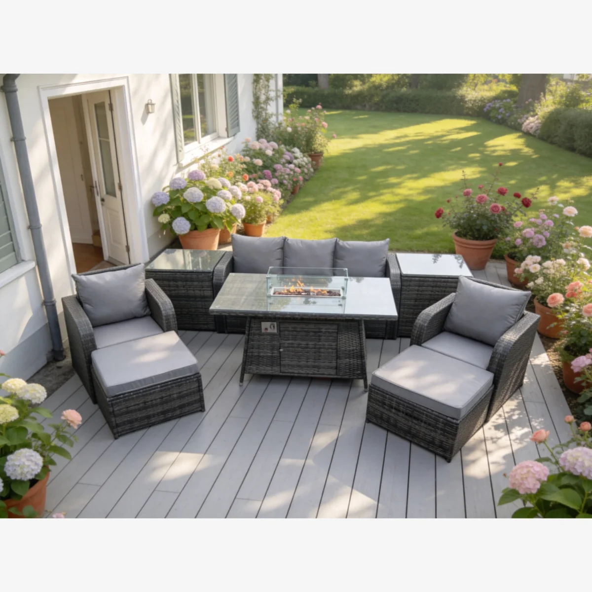 Fimous Wicker Rattan Garden Furniture 7-Piece Sofa Set with Gas Fire Pit Table and Reclining Chairs. - Dark Grey – image 1