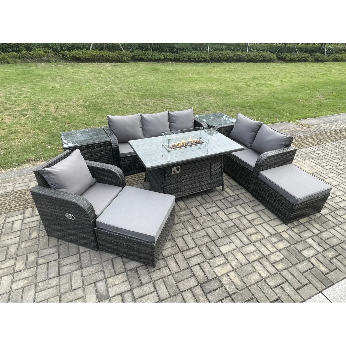 Fimous 8-Seater Garden Patio Rattan Fire Pit Table and Sofa Set - Dark Grey – image 2