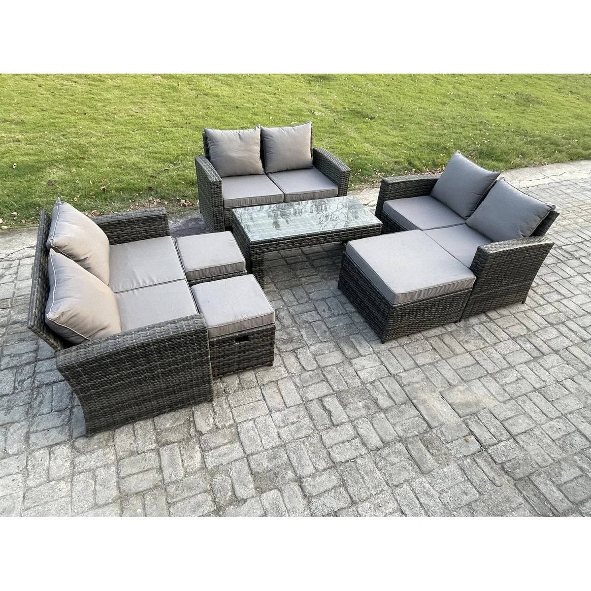 Fimous U-Shape PE Rattan Outdoor Sofa Set with Coffee Table and Footstools Dark Grey Mixed - Dark Grey Mixed – image 5