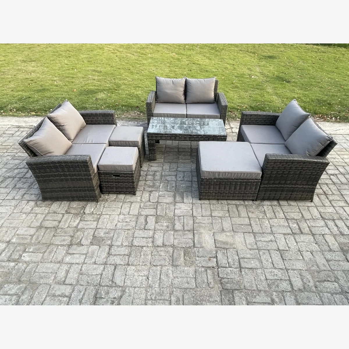 Fimous U-Shape PE Rattan Outdoor Sofa Set with Coffee Table and Footstools Dark Grey Mixed - Dark Grey Mixed – image 1
