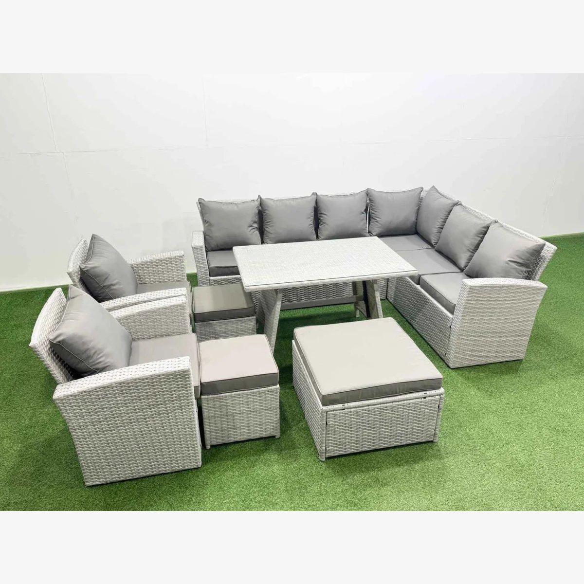 Fimous 11-Seater Garden Rattan Corner Sofa Set with Dining Table and Footstools - Light Grey Mixed. - Light Grey Mixed rattan with dark grey fabric – image 1