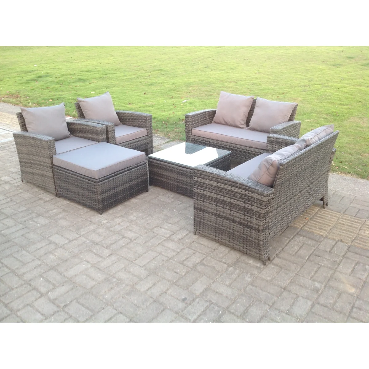 High Back Rattan Sofa Set Outdoor Furniture Square Coffee Table - Dark Grey Mixed – image 2
