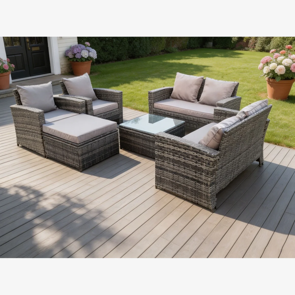 High Back Rattan Sofa Set Outdoor Furniture Square Coffee Table - Dark Grey Mixed – image 1