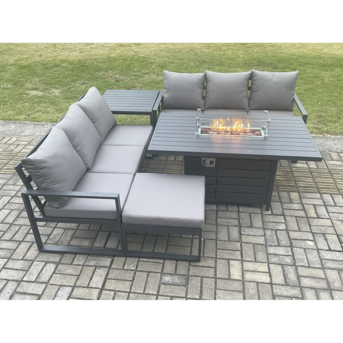 Fimous Aluminium 7 Seater Outdoor Garden Sofa Set with Gas Fire Pit Dining Table, Dark Grey. - Dark Grey – image 5