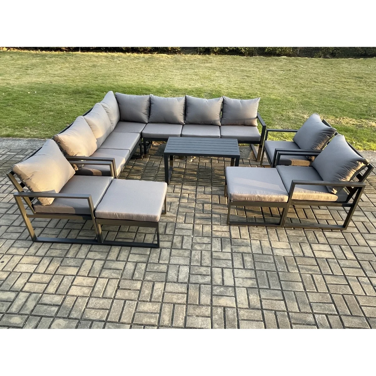 Fimous Aluminium 11-Seater Outdoor Lounge Corner Sofa Set with Oblong Coffee Table and Cushions. - Dark Grey – image 2