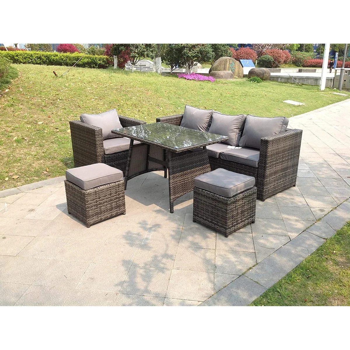 6 Seater Rattan Sofa Set Dining Table Chair Stool Garden Furniture - Dark Grey Mixed – image 2