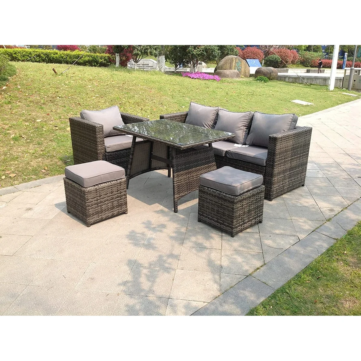 6 Seater Rattan Sofa Set Dining Table Chair Stool Garden Furniture - Dark Grey Mixed – image 3