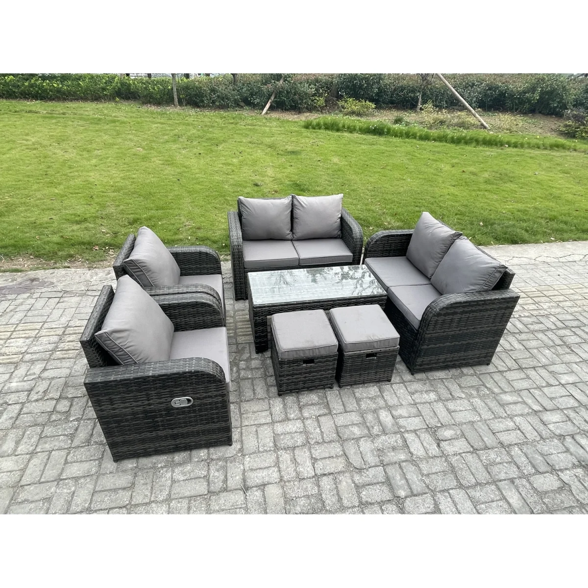 Fimous Patio 8-Seater Outdoor Wicker Rattan Sofa Set with Reclining Chairs and 2 Footstools. - Dark grey mixed rattan with dark grey fabric – image 2