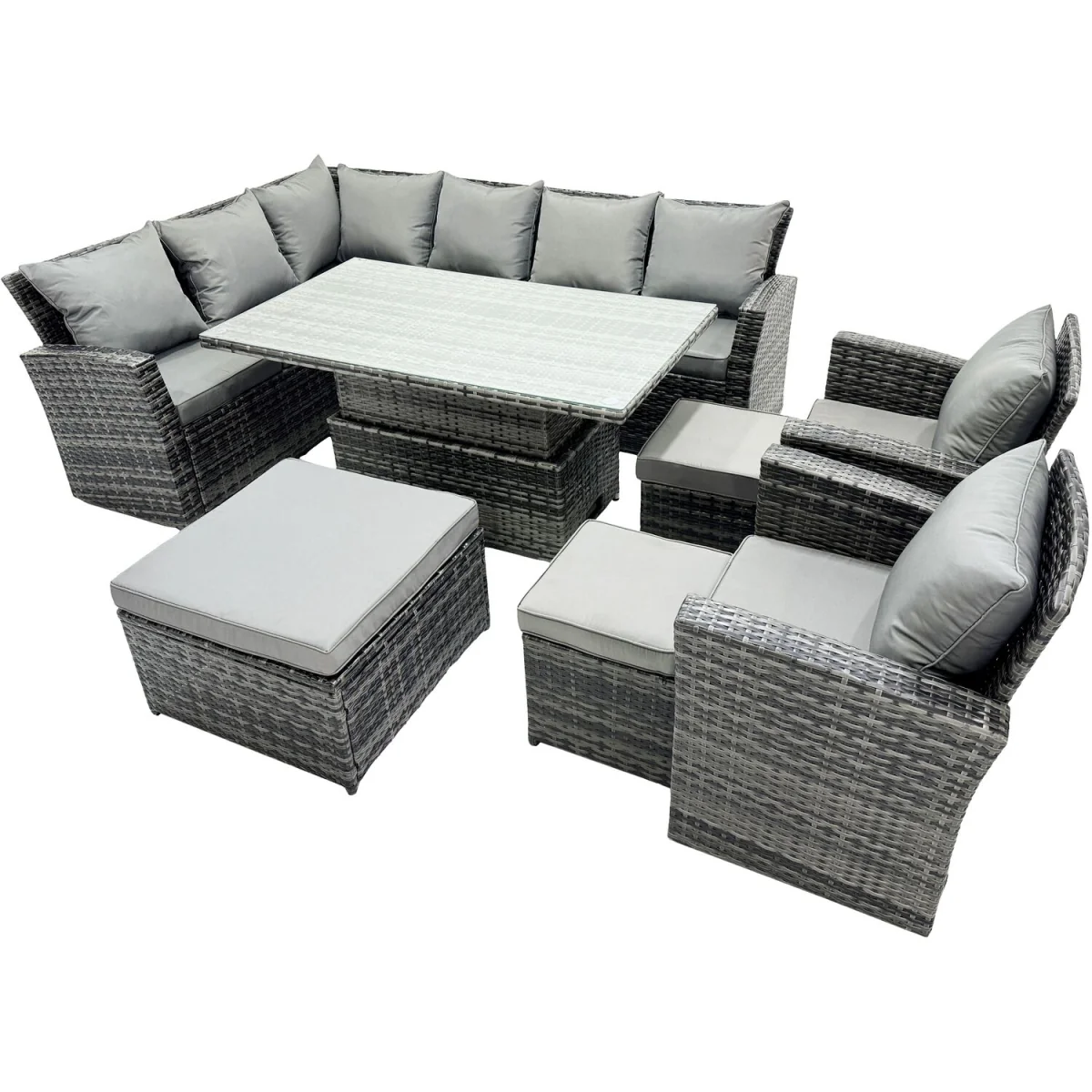 Fimous Poly Rattan Outdoor Corner Sofa Set with Height-Adjustable Table and 3 Stools. - Dark Grey Mixed – image 5