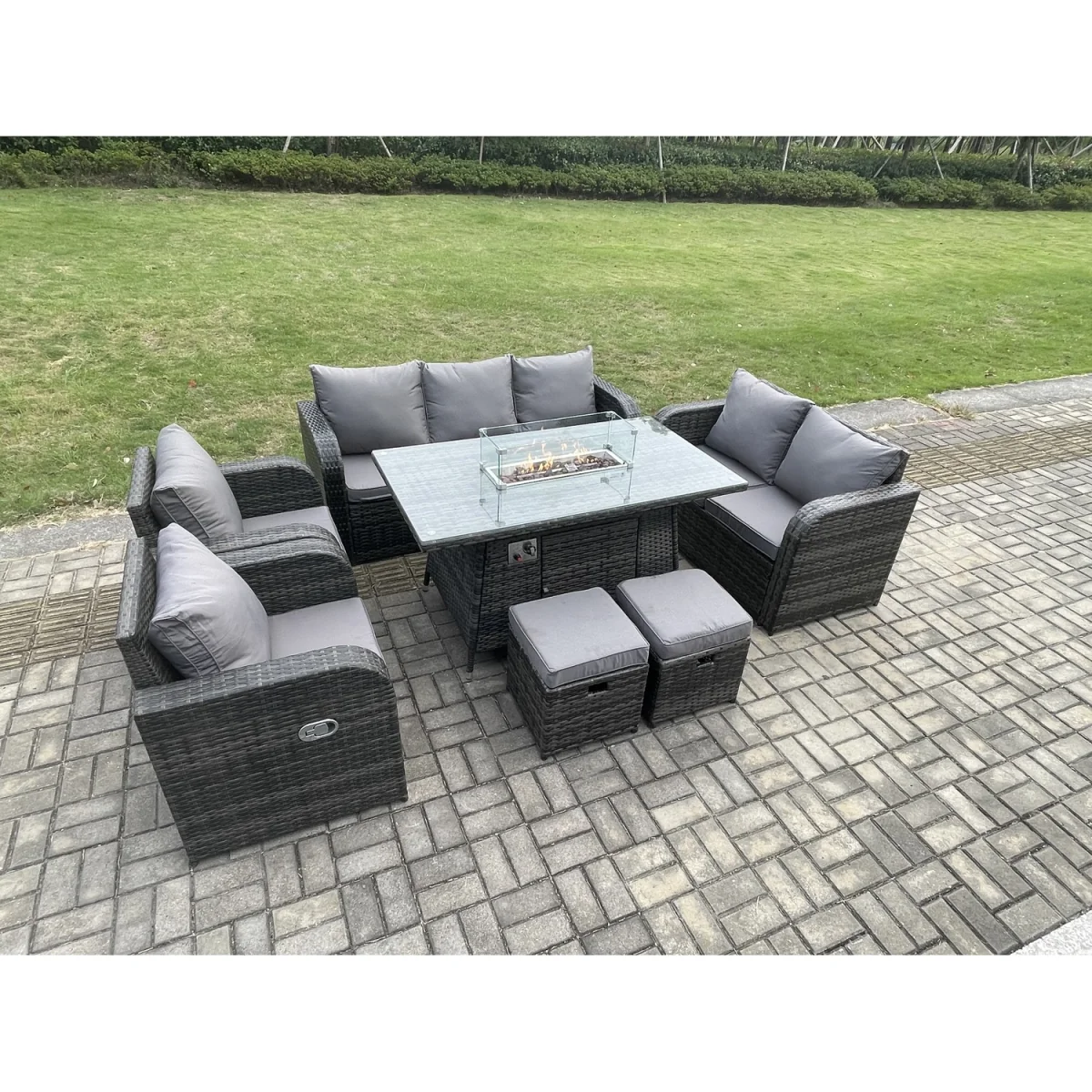 Fimous Garden Patio Furniture Rattan Sofa Set with Rectangular Gas Fire Pit Table Dark Grey Mixed - Dark Grey – image 2