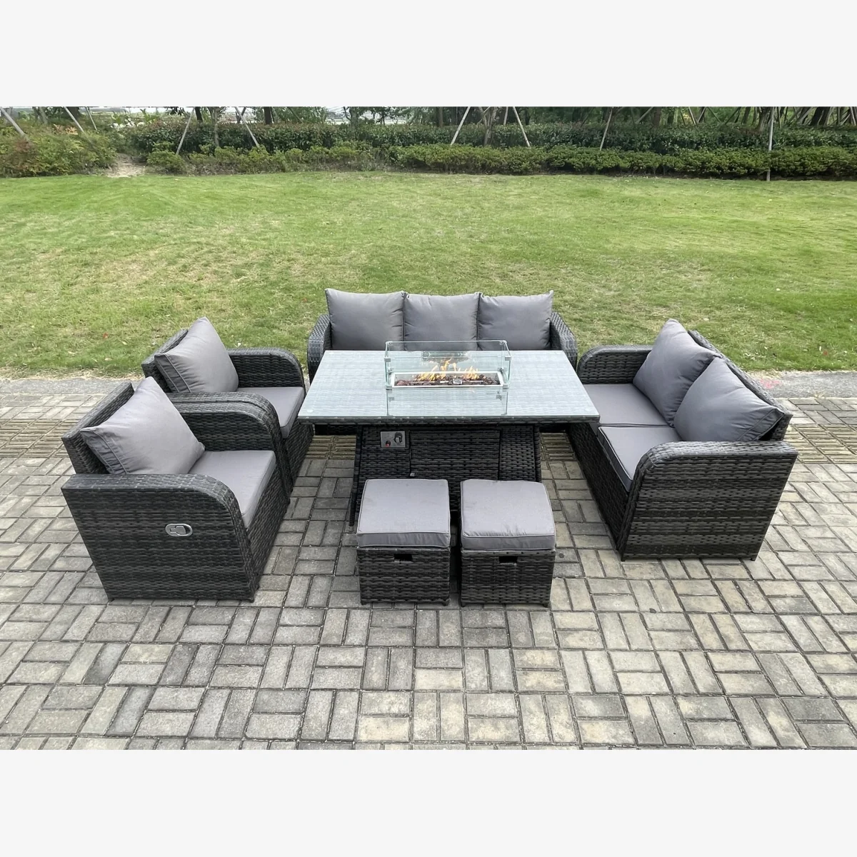 Fimous Garden Patio Furniture Rattan Sofa Set with Rectangular Gas Fire Pit Table Dark Grey Mixed - Dark Grey – image 1