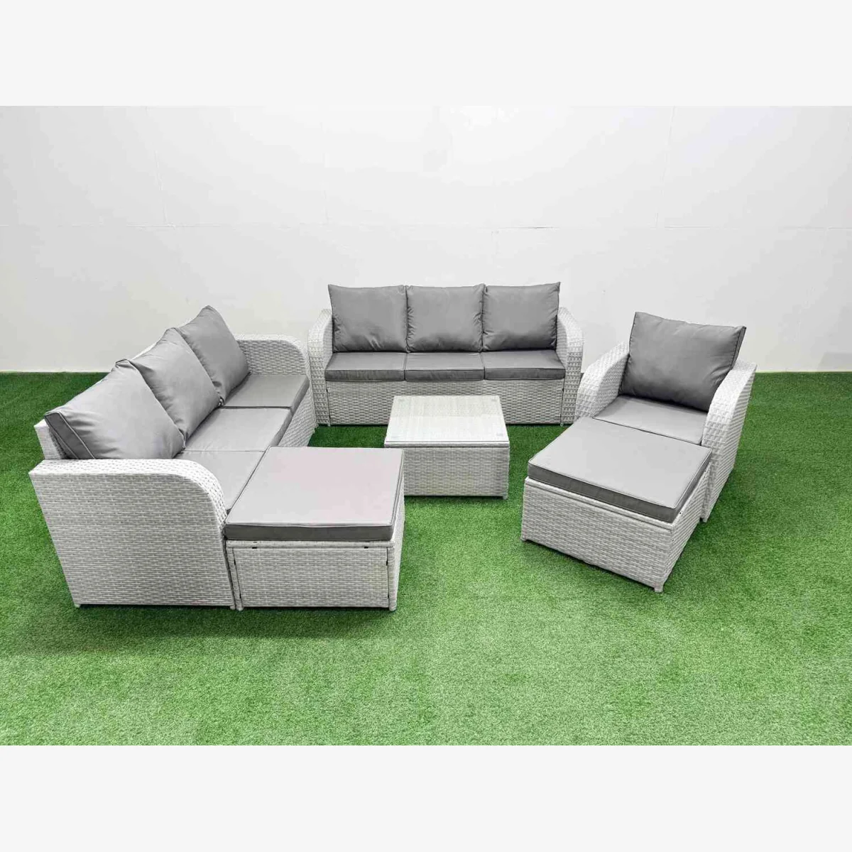 Fimous 9-Seater Poly Rattan Outdoor Sofa Set with Reclining Chair Light Grey - Light grey PE rattan with dark grey fabric – image 1