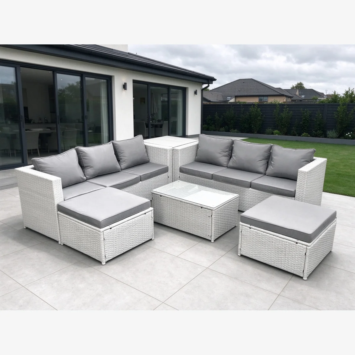 8-Seater Outdoor PE Rattan Sofa Set with 2 Stools Side Table & Rectangular Glass Table