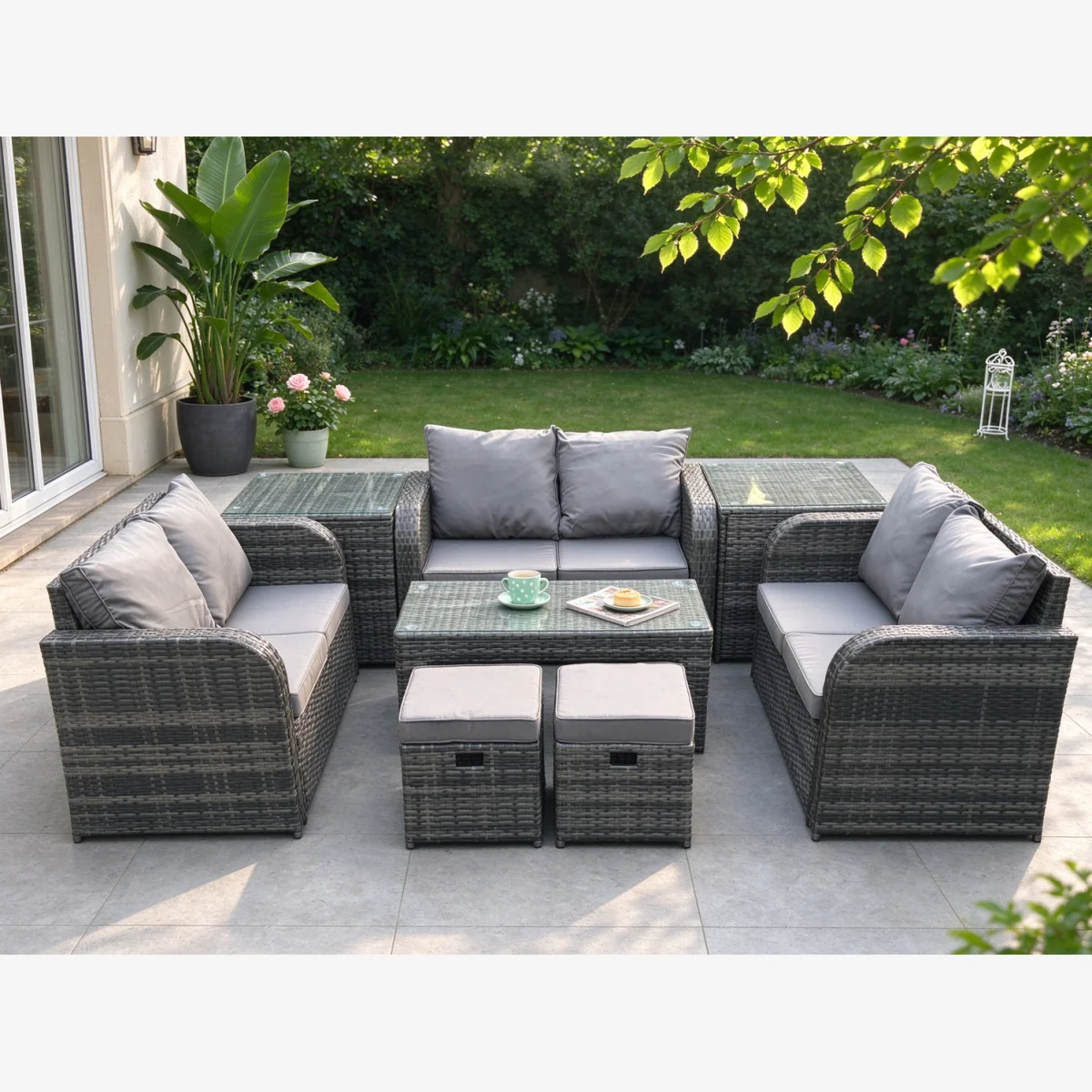 8-Piece Outdoor Wicker Rattan Sofa Set with Rectangular Tempered Glass Coffee Table