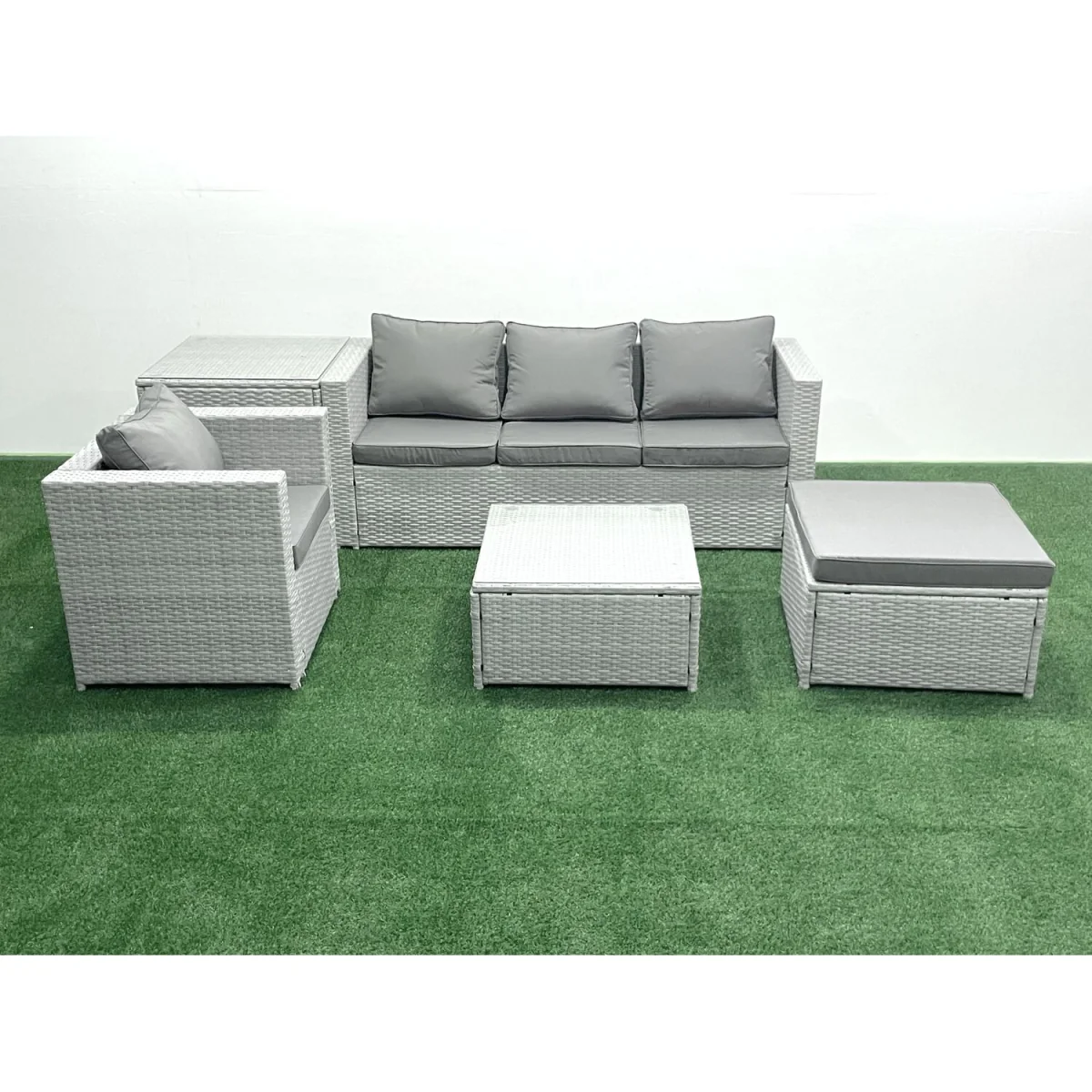 Fimous Garden 5-Seater Rattan Sofa Set with Footstool and Tables, Light Grey Mixed. - Light Grey with Dark Grey Fabric – image 2
