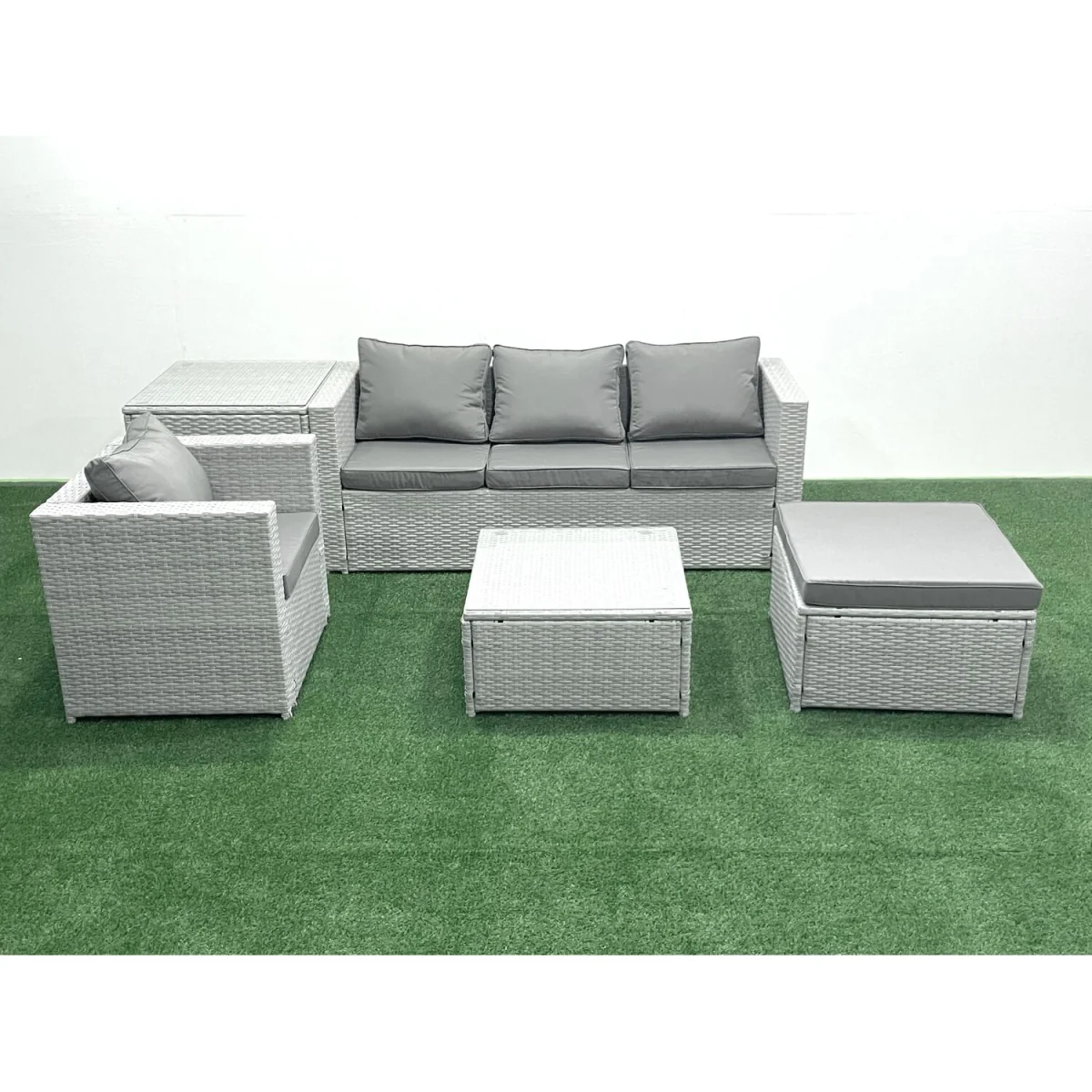 Fimous Garden 5-Seater Rattan Sofa Set with Footstool and Tables, Light Grey Mixed. - Light Grey with Dark Grey Fabric – image 1
