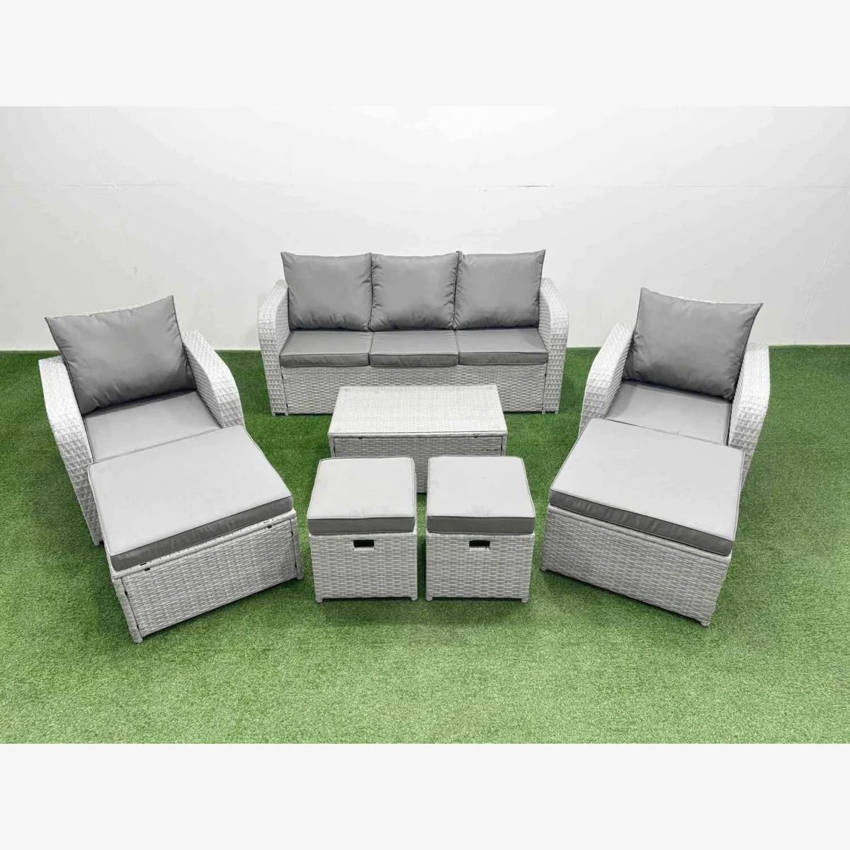 Fimous 9-Seater PE Rattan Garden Sofa Set with Reclining Chairs, Glass Coffee Table and Footstools. - Light Grey – image 1