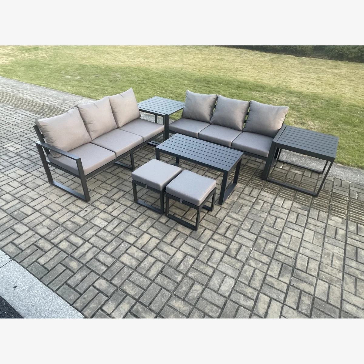 Fimous Aluminium Patio Garden Lounge Sofa Set with Oblong Coffee Table and 2 Footstools, Dark Grey. - Dark Grey – image 1