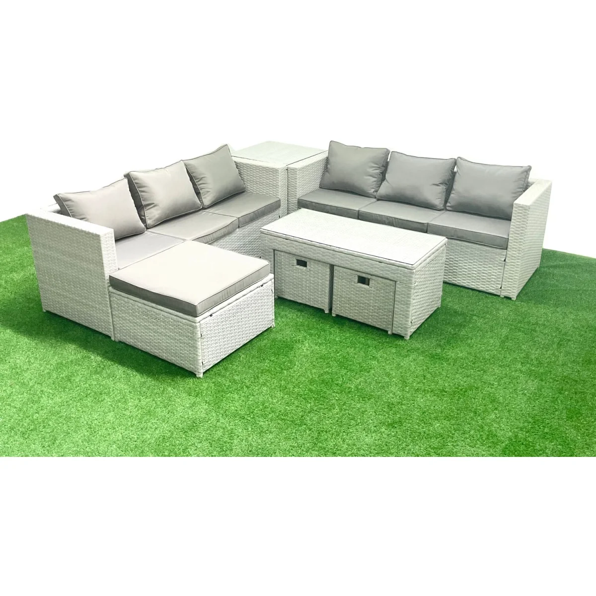 Fimous 9-Seater Garden Rattan Sofa Set with Oblong Coffee Table and 3 Footstools, Light Grey Mixed. - Light Grey Mixed – image 5