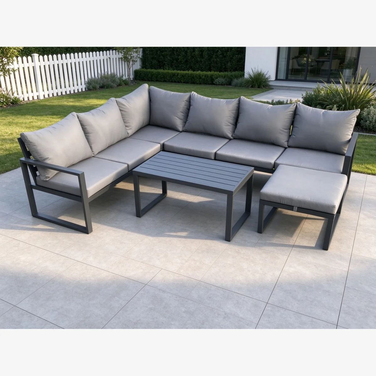 Aluminium 7-Seater Outdoor/Indoor Corner Sofa Set with Oblong Coffee Table and Big Footstool