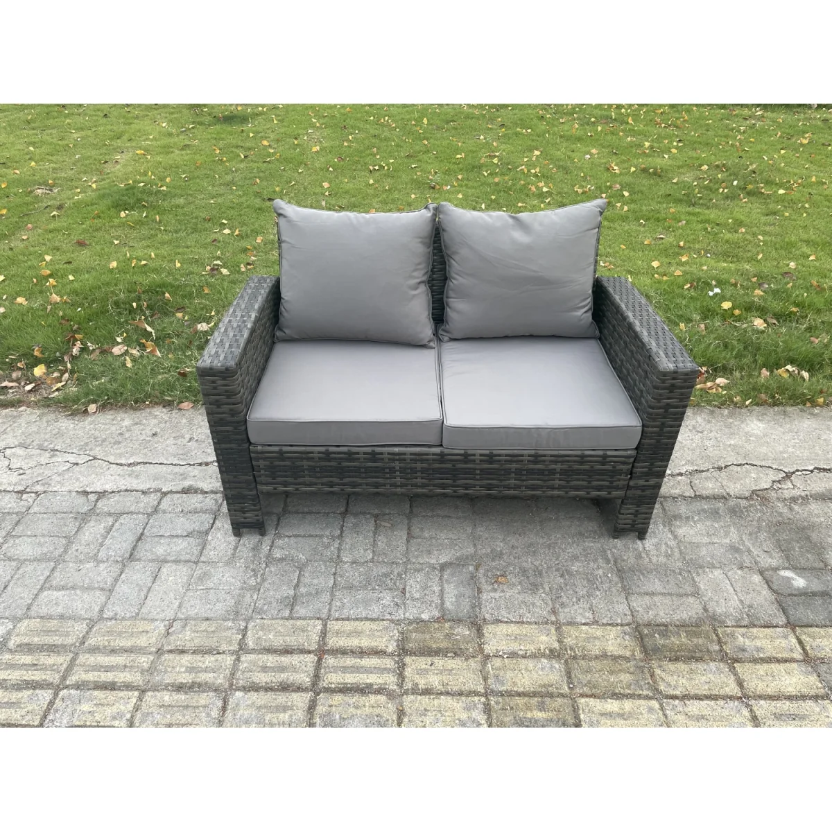 Fimous Outdoor U-Shape PE Rattan Sofa Set with Coffee Table and 2 Footstools, Dark Grey. - Dark grey mixed rattan with dark grey fabric – image 3