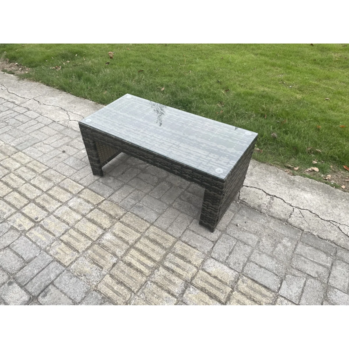 Fimous Outdoor U-Shape PE Rattan Sofa Set with Coffee Table and 2 Footstools, Dark Grey. - Dark grey mixed rattan with dark grey fabric – image 4