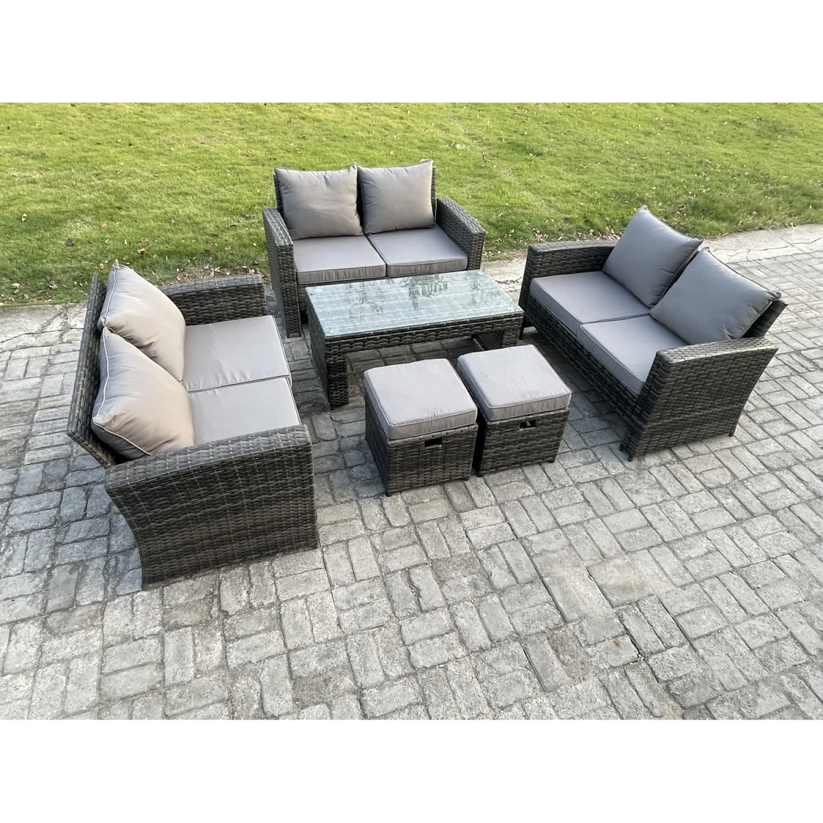 Fimous Outdoor U-Shape PE Rattan Sofa Set with Coffee Table and 2 Footstools, Dark Grey. - Dark grey mixed rattan with dark grey fabric – image 5