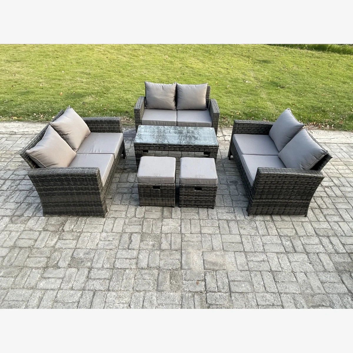 Fimous Outdoor U-Shape PE Rattan Sofa Set with Coffee Table and 2 Footstools, Dark Grey. - Dark grey mixed rattan with dark grey fabric – image 1