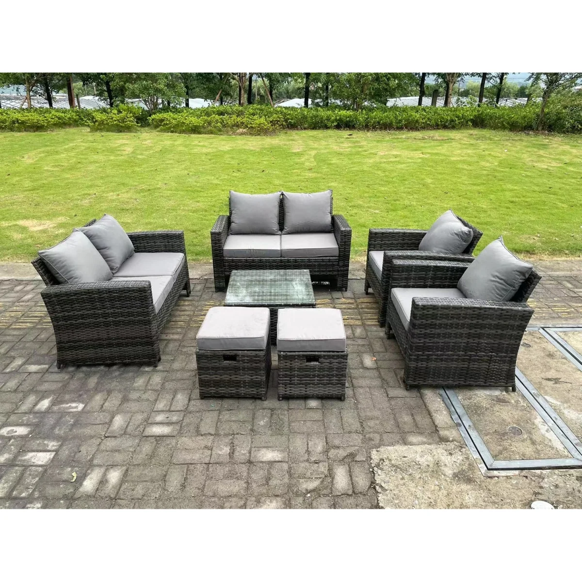 8 Seater High Back Rattan Sofa Set Garden Furniture 2 Seater Sofa - Dark Grey Mixed – image 2