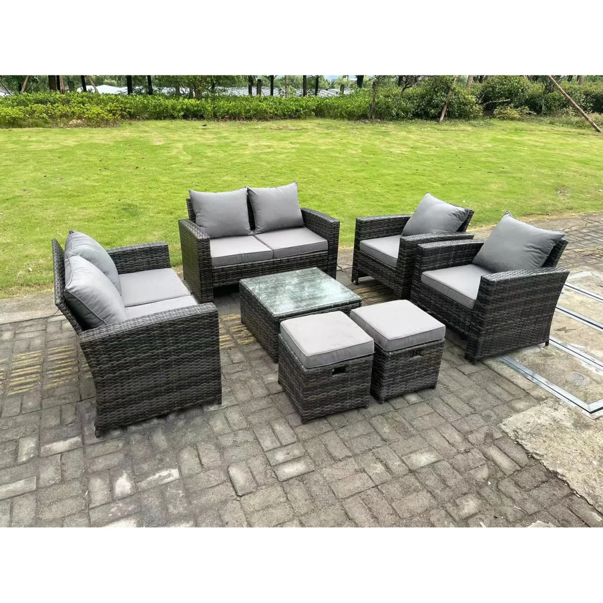 8 Seater High Back Rattan Sofa Set Garden Furniture 2 Seater Sofa - Dark Grey Mixed – image 4