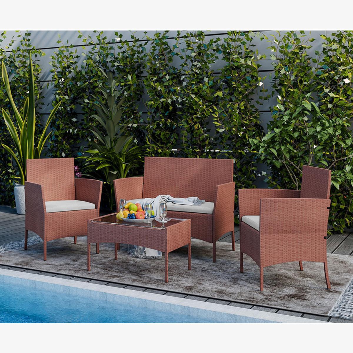 Brown 4 PCS Rattan Garden Furniture Set - Brown 4pcs without cover / No Cover – image 1