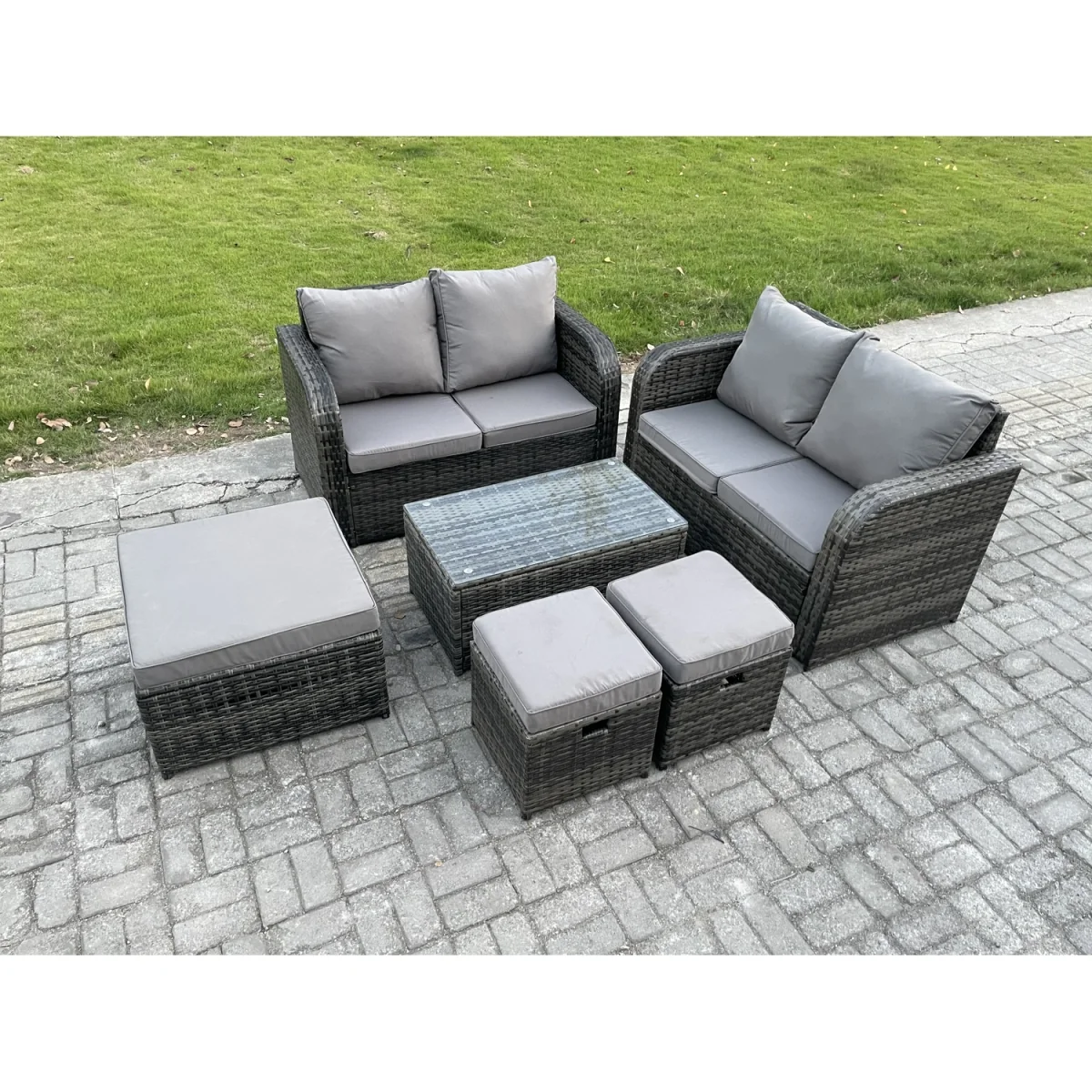 Fimous 7 Seater Outdoor Rattan Lounge Set with Tempered Glass Table Dark Grey Mixed - Dark Grey Mixed – image 5
