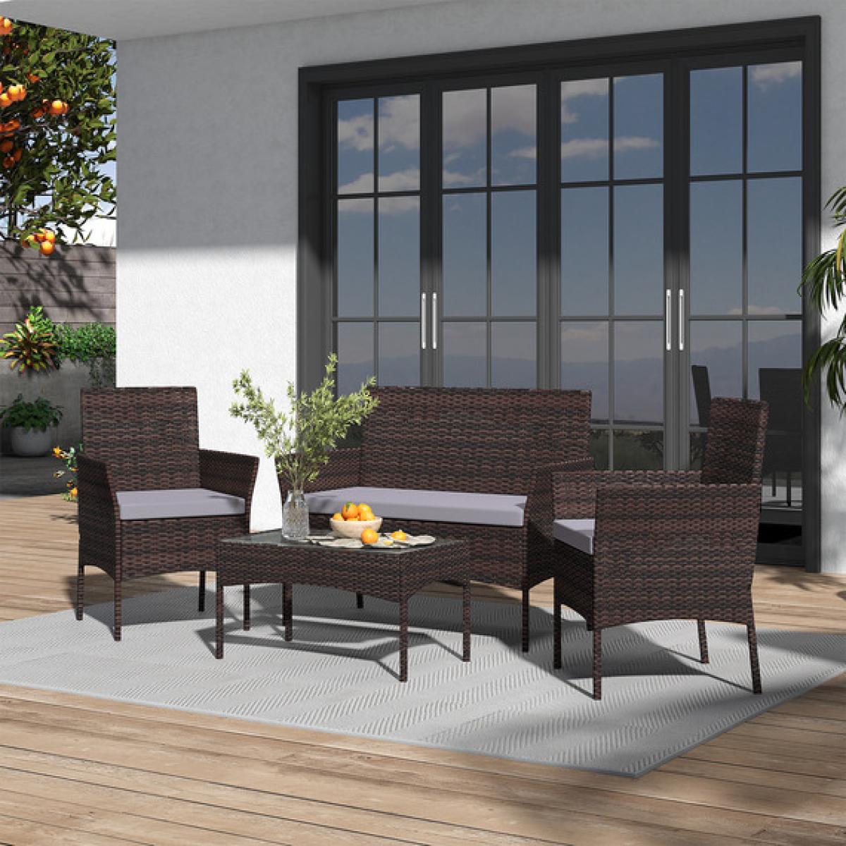 Patio Furniture 4 Pieces Outdoor Rattan Chairs Set with Table and Cushion - Brown