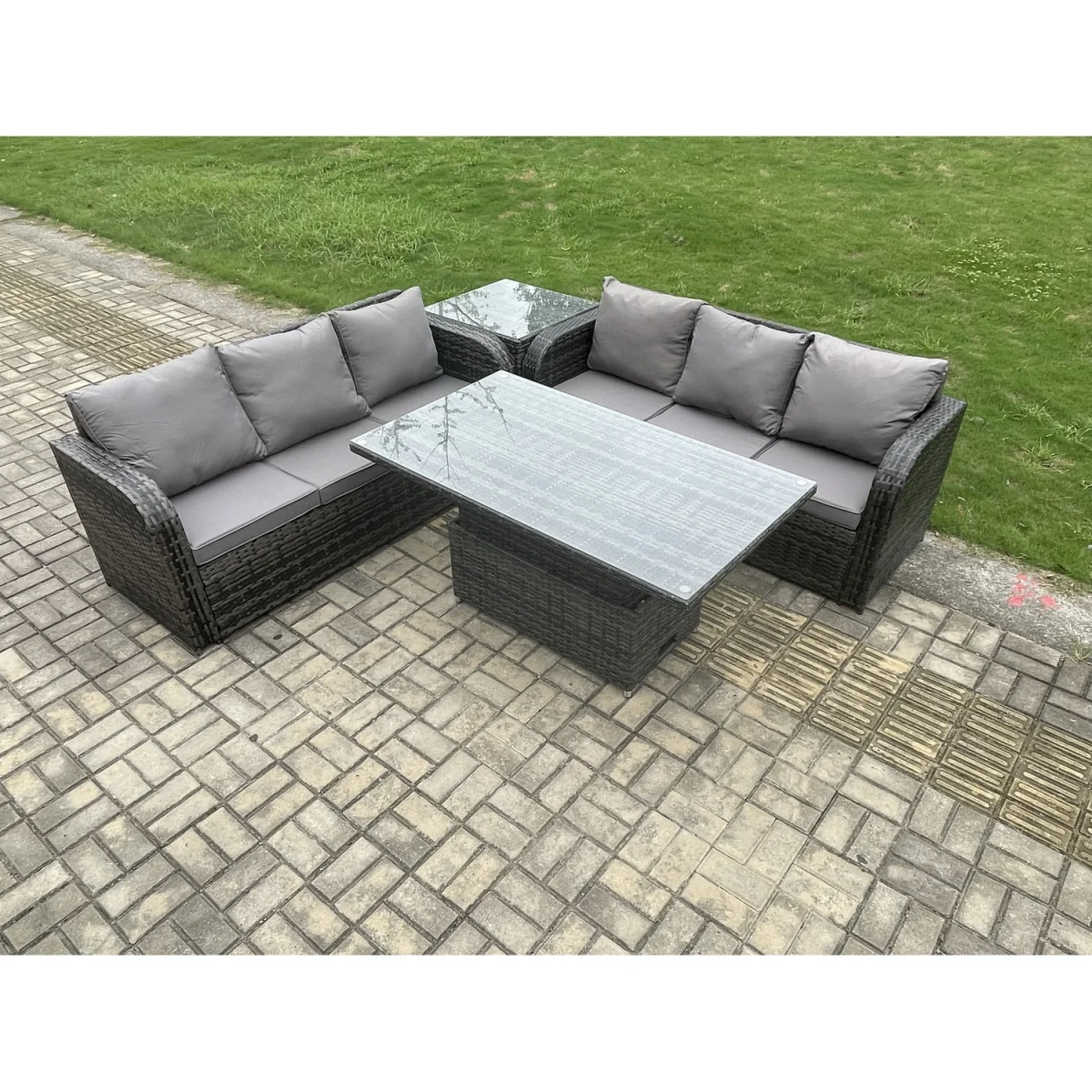 Fimous 6-Seater Outdoor Rattan Lounge Set with Height-Adjustable Table Dark Grey - Dark Grey – image 2