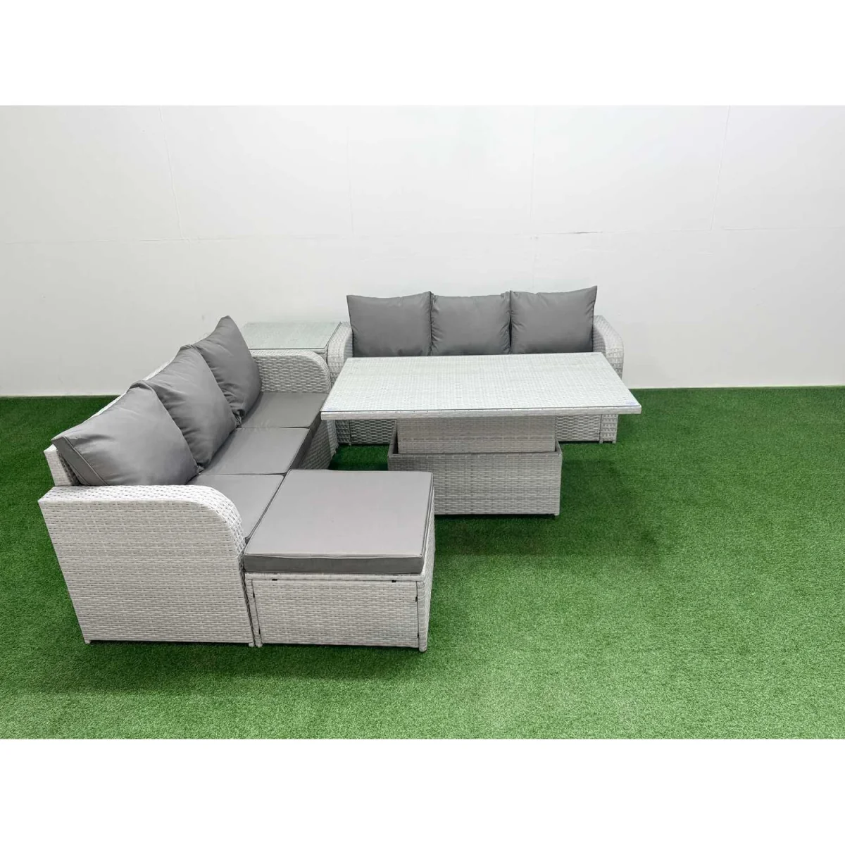 Fimous 7-Seater Outdoor PE Rattan Sofa Set with Adjustable Lifting Table, Light Grey. - Light Grey – image 5