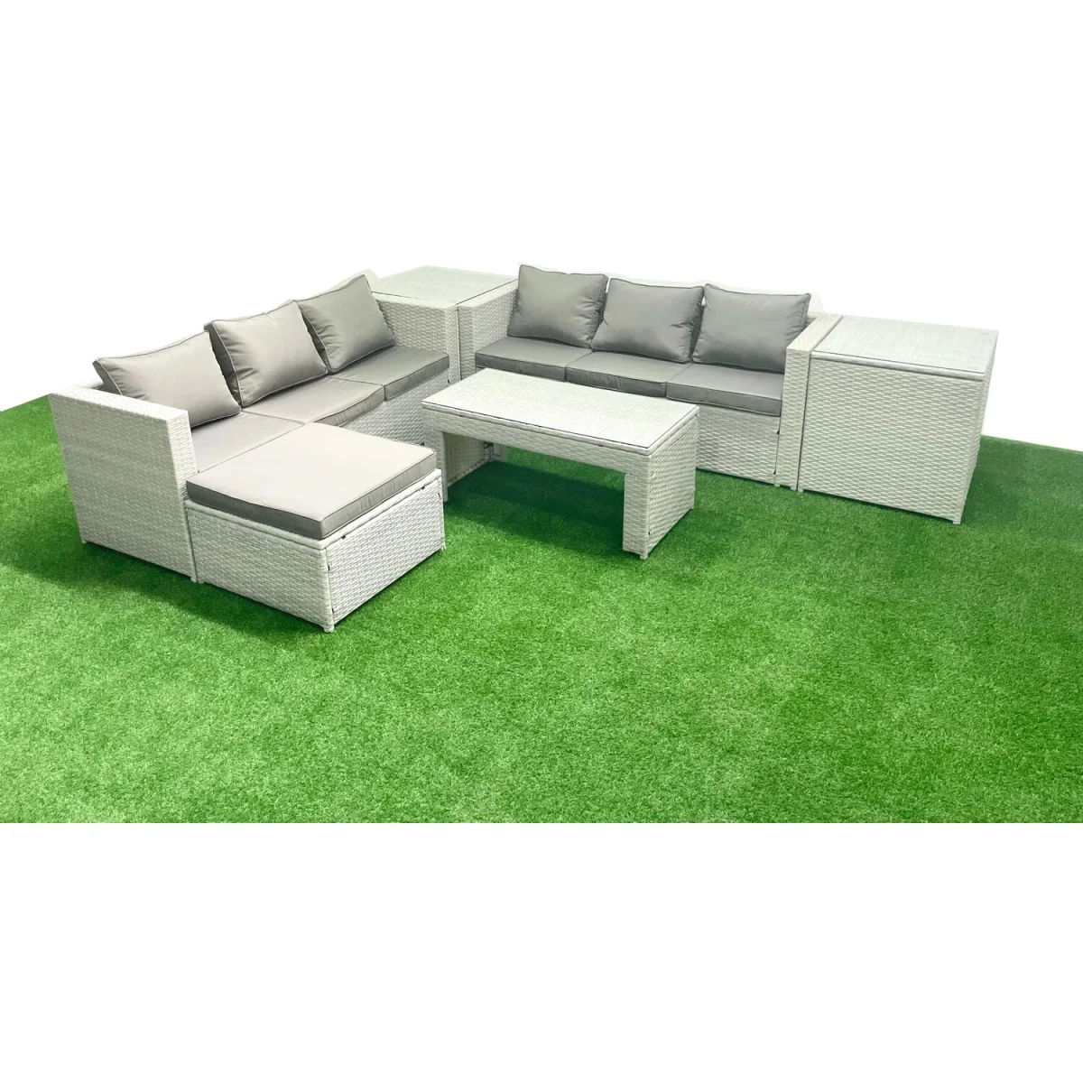 Fimous 7-Seater Outdoor Rattan Sofa Set with Oblong Coffee Table, Footstool and 2 Side Tables. - Light Grey Mixed – image 5