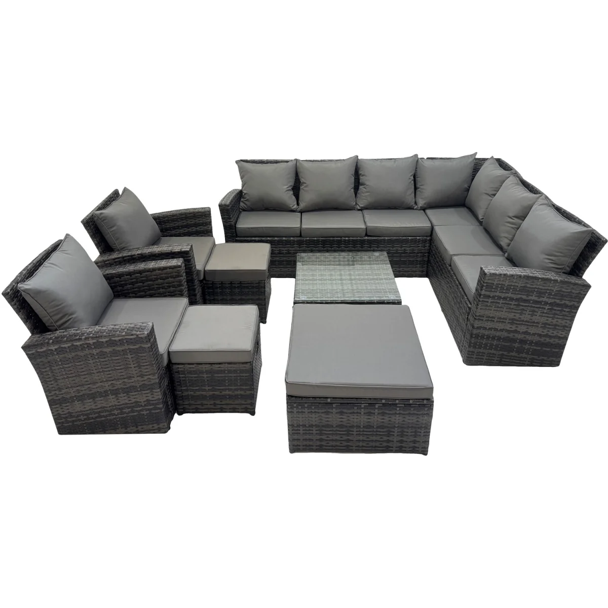 Fimous 11-Seater Rattan Garden Sofa Set with Tempered Glass Table Dark Grey Mixed - Light Grey Mixed rattan with dark grey fabric – image 5