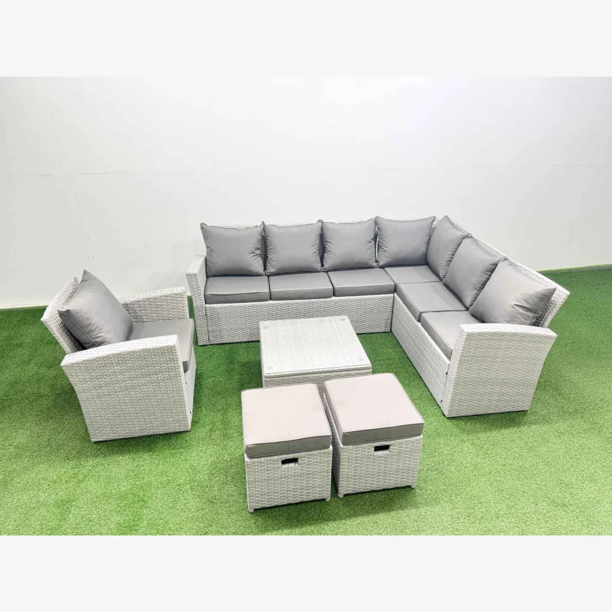 Fimous Rattan Garden Outdoor 9-Seater Corner Sofa Set with Armchair and Footstools Light Grey Mixed - Light Grey Mixed – image 1