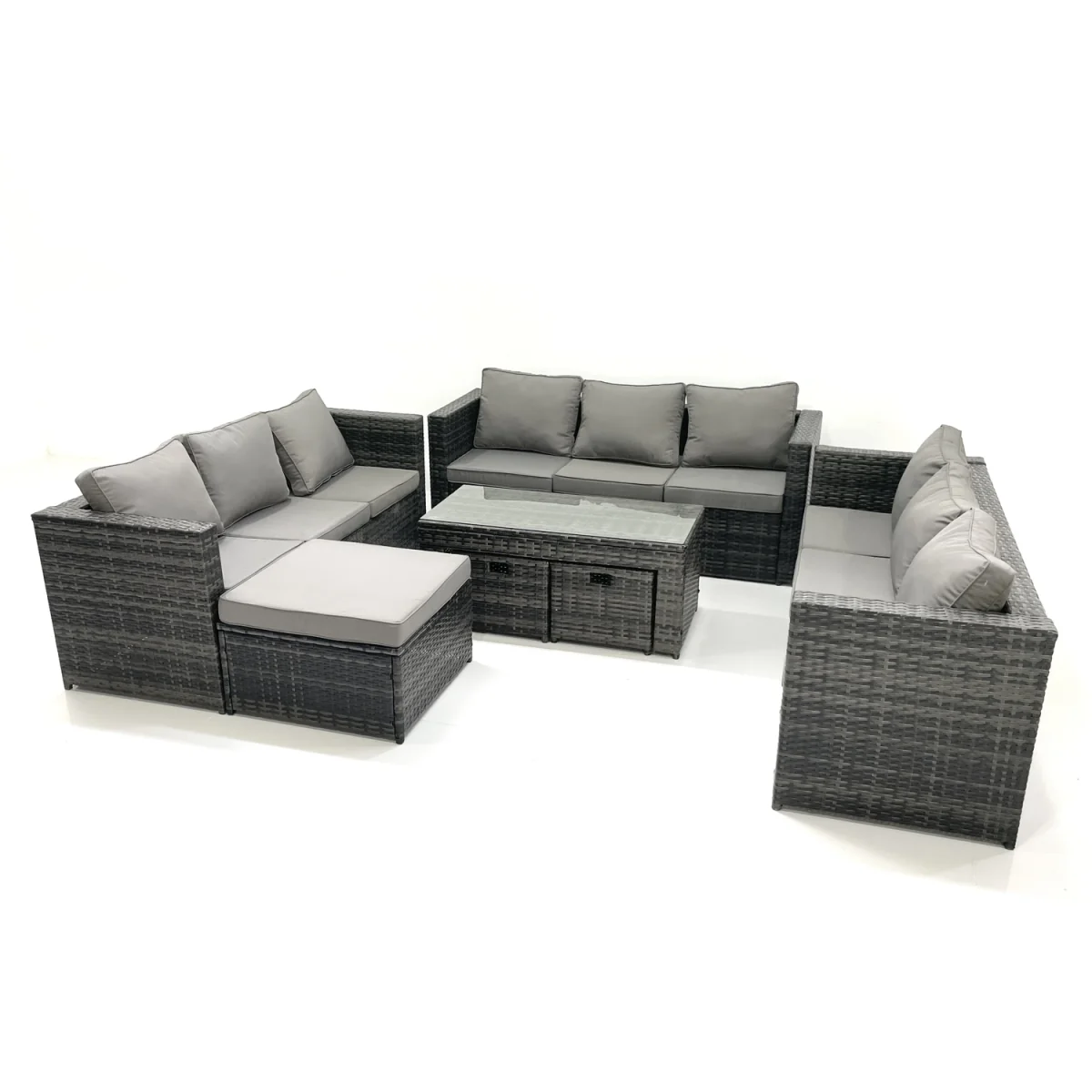 Fimous 7-Piece Outdoor Rattan Sofa Set with Coffee Table and Stools, Dark Grey - Dark Grey Mixed – image 4